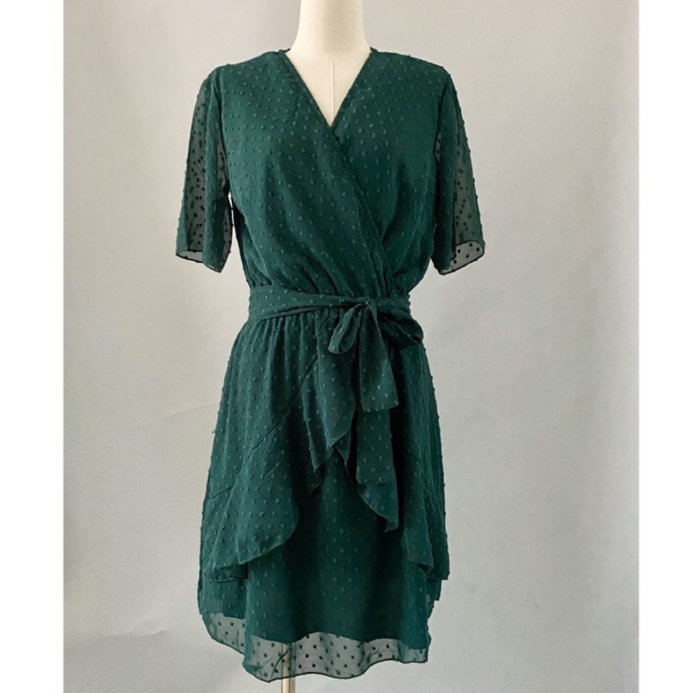 Chiffon Swiss Dotted Mini Dress Women size Small Large Green Flowy Mini Dress